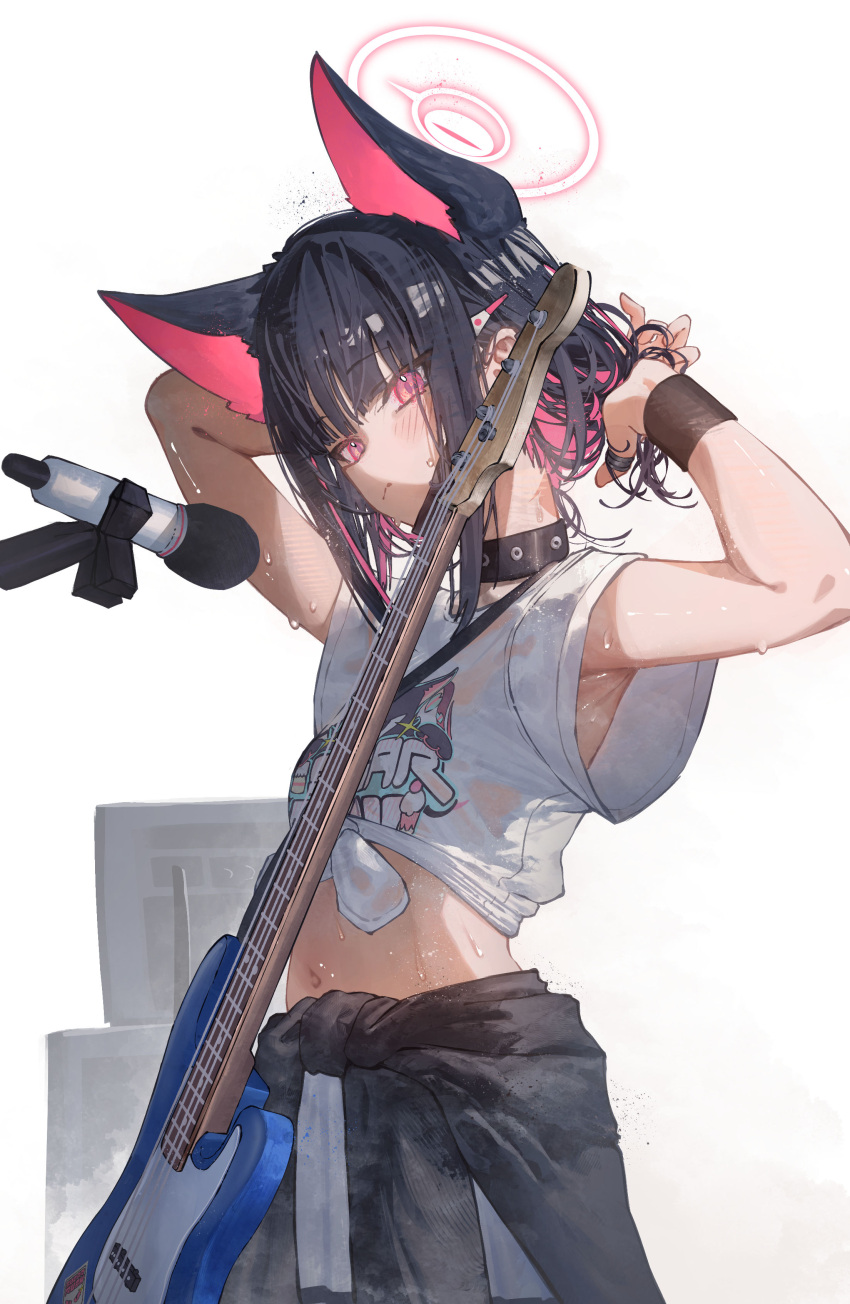 1girl absurdres animal_ears armpit_peek arms_up betabeet black_collar black_hair black_jacket blue_archive cat_ears cat_girl clothes_around_waist collar colored_inner_hair commentary electric_guitar extra_ears guitar hair_ornament hairclip halo highres instrument jacket jacket_around_waist kazusa_(band)_(blue_archive) kazusa_(blue_archive) looking_at_viewer midriff multicolored_hair navel official_alternate_costume pink_eyes pink_hair pink_halo pleated_skirt print_shirt shirt short_hair short_sleeves simple_background skirt slit_pupils solo tied_shirt upper_body wet wet_clothes wet_shirt white_background white_shirt