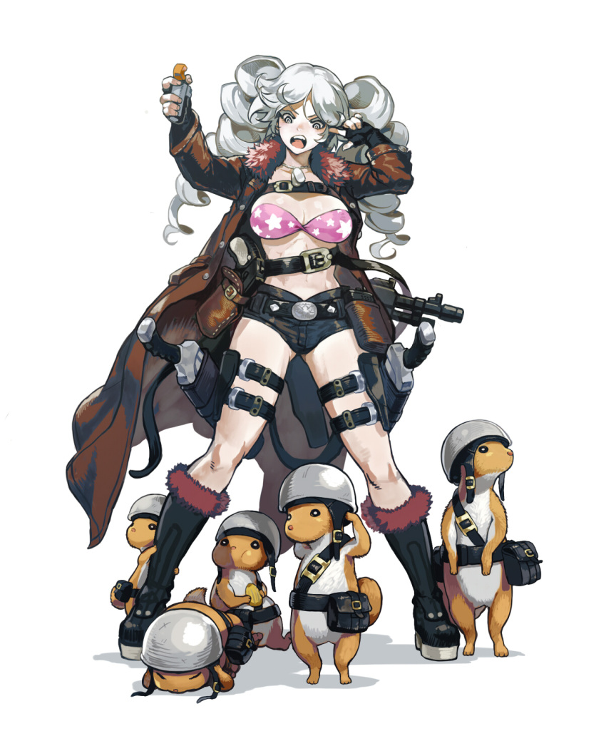 1girl animal arm_up belt bikini bikini_top_only blue_shorts boots breasts brown_coat chipmunk cleavage coat commentary_request covering_own_ears detonator dog_tags drill_hair finger_in_ear fingerless_gloves full_body fur-trimmed_boots fur-trimmed_coat fur_trim gloves grey_eyes grey_hair gun handgun helmet highres holster holstered linea_alba long_hair long_sleeves medium_breasts minoo multiple_weapons navel open_clothes open_coat open_mouth original pink_bikini pouch shadow short_shorts shorts simple_background solo_focus squirrel star_(symbol) swimsuit thigh_holster thigh_strap twin_drills walkie-talkie weapon white_background