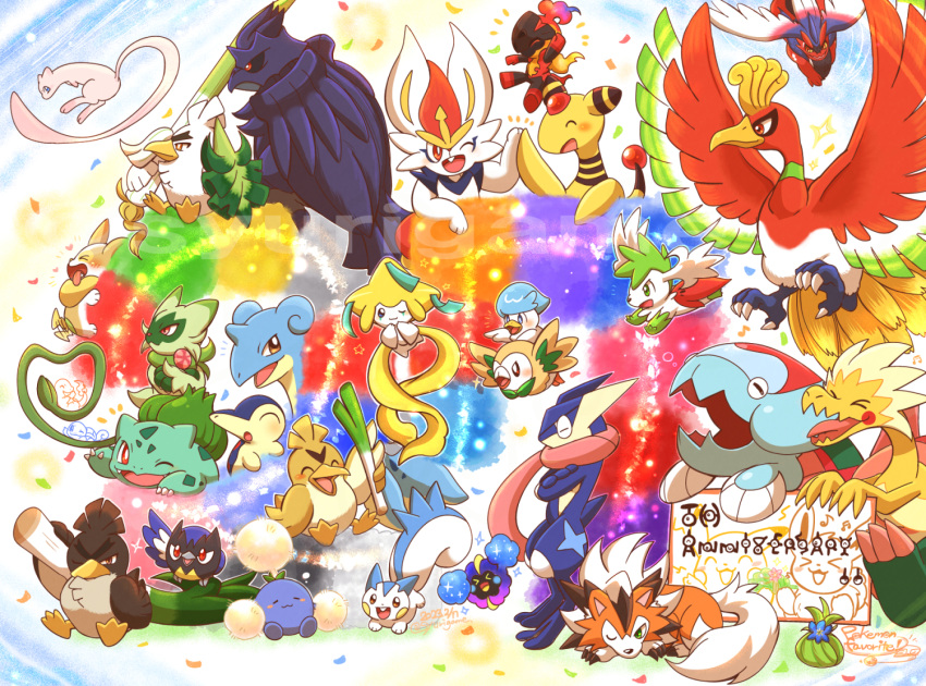 &gt;_&lt; :3 ampharos arm_up blush bulbasaur charcadet charmander cinderace claws closed_eyes confetti cosmog crossed_arms cyndaquil dracovish dracozolt eevee english_text farfetch'd floragato flying food galarian_farfetch'd green_eyes greninja high_five ho-oh holding holding_food holding_vegetable jirachi jumpluff koraidon lapras lycanroc lycanroc_(dusk) mew_(pokemon) no_humans nostrils one_eye_closed open_mouth pachirisu pikachu plant pokemon pokemon_(creature) quaxly red_eyes rookidee rowlet shaymin shaymin_(sky) shuri_(syurigame) sirfetch'd sitting sleeping sleeping_upright sparkle spring_onion squirtle thick_eyebrows tongue tongue_out unown v-shaped_eyebrows vegetable vines yamper