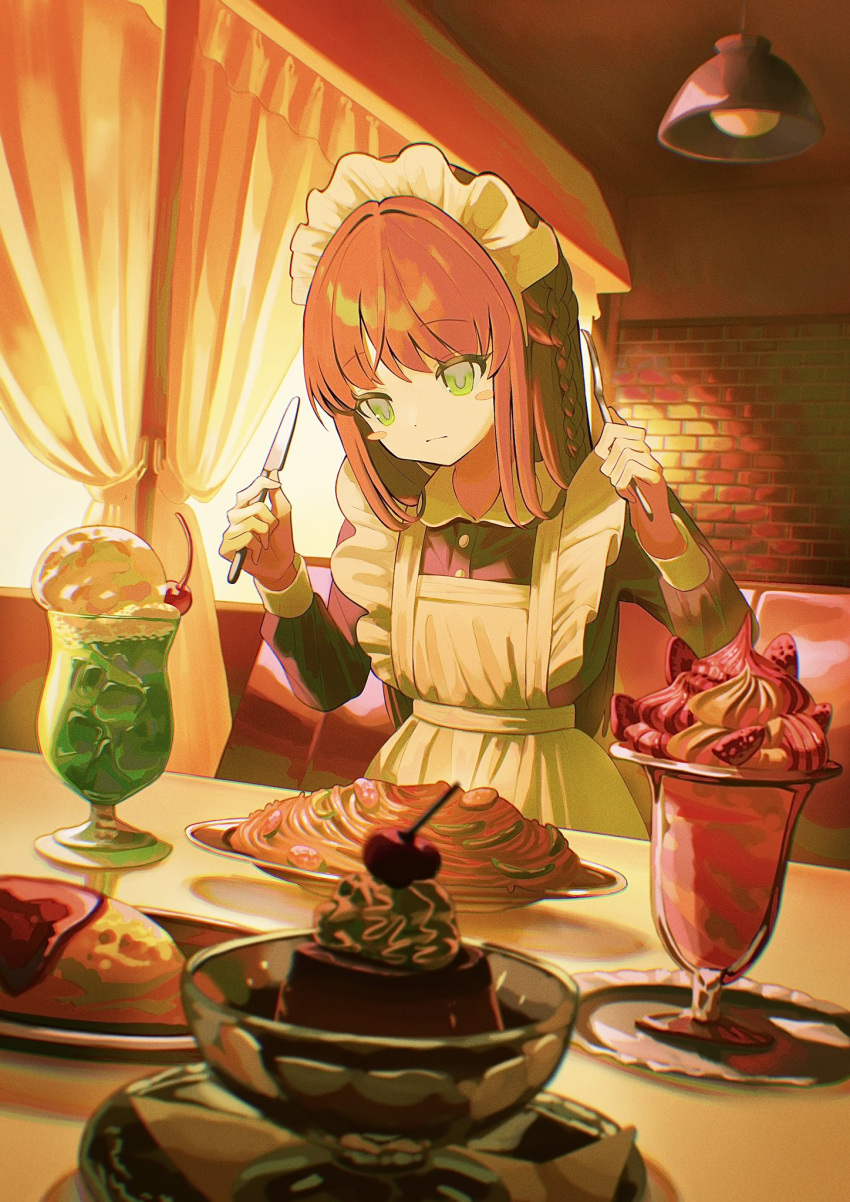 1girl apron blurry blurry_foreground blush_stickers braid ceiling_light closed_mouth commentary curtains dress food fork green_eyes hands_up highres holding holding_fork holding_knife ice_cream ice_cream_float indoors kagenoyuhi knife long_hair long_sleeves maid maid_apron maid_headdress omelet omurice original pasta plate pudding side_braid sitting solo spaghetti symbol-only_commentary table white_apron