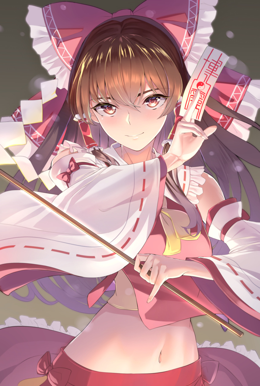 1girl absurdres ascot bare_shoulders bow breasts brown_eyes brown_hair commentary crop_top detached_sleeves frilled_bow frilled_hair_tubes frilled_skirt frills gohei hair_bow hair_tubes hakurei_reimu highres holding holding_gohei holding_ofuda long_hair long_sleeves medium_breasts navel ofuda red_bow red_ribbon red_shirt red_skirt ribbon ribbon-trimmed_sleeves ribbon_trim shirt sidelocks skirt sleeveless sleeveless_shirt solo takumi_nosiro touhou upper_body very_long_hair white_sleeves wide_sleeves yellow_ascot