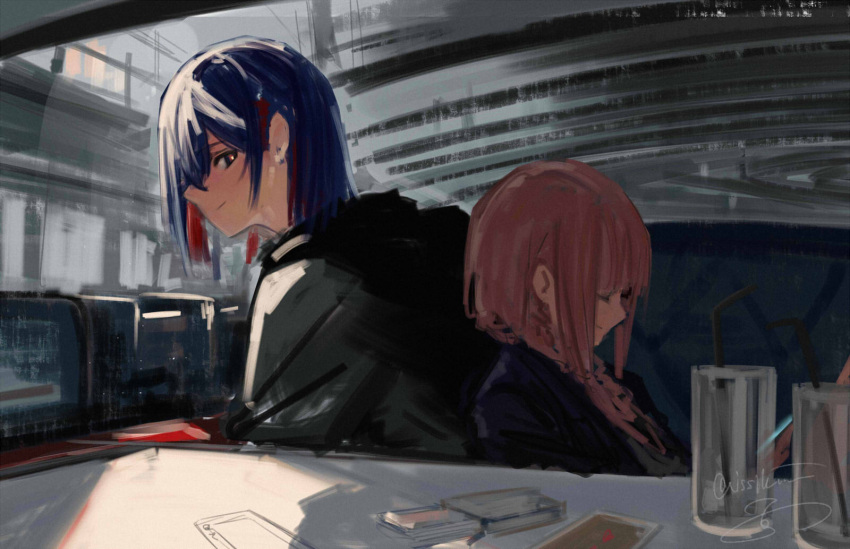 2girls back-to-back black_jacket blue_eyes blue_hair booth_seating closed_eyes closed_mouth colored_inner_hair drink from_side hair_over_shoulder highres indoors isshiki_(ffmania7) jacket kaf_(kamitsubaki_studio) kamitsubaki_studio leaning_on_person long_hair looking_back medium_hair multicolored_eyes multicolored_hair multiple_girls pink_hair profile red_eyes red_hair restaurant rim_(kamitsubaki_studio) sidelocks sitting smile table virtual_youtuber yellow_pupils