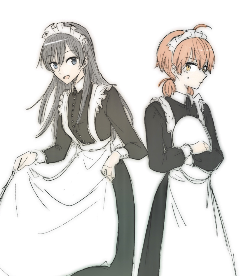 2girls apron black_dress black_hair blue_eyes blush brown_eyes closed_mouth commentary_request curtsey dress highres holding holding_tray koito_yuu long_hair long_sleeves looking_at_viewer maid maid_apron maid_headdress multiple_girls nanami_touko nyamo open_mouth orange_hair short_twintails simple_background smile sweatdrop tray twintails white_apron white_background yagate_kimi_ni_naru