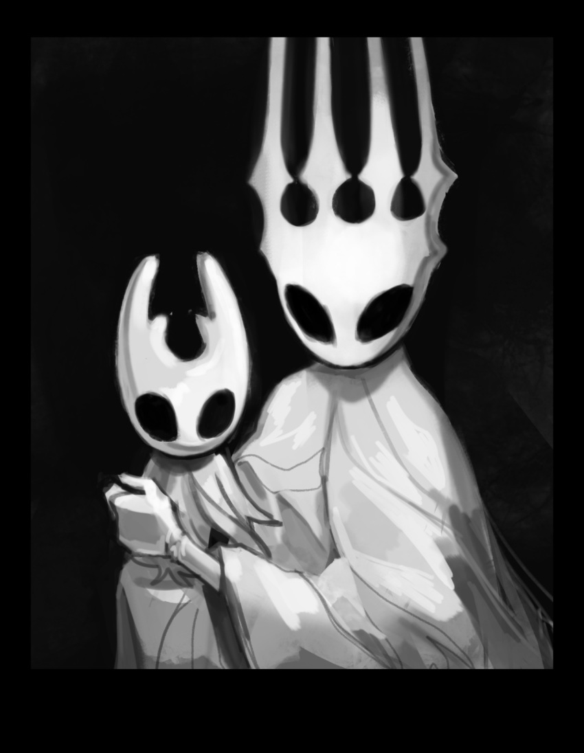 2others black_background cloak crown ded-lime dress father_and_son gloves grey_background greyscale highres hollow_eyes hollow_knight horns hug king knight_(hollow_knight) looking_at_viewer monochrome multiple_others pale_king_(hollow_knight) robe sitting sitting_on_lap sitting_on_person white_cloak white_dress white_gloves white_robe