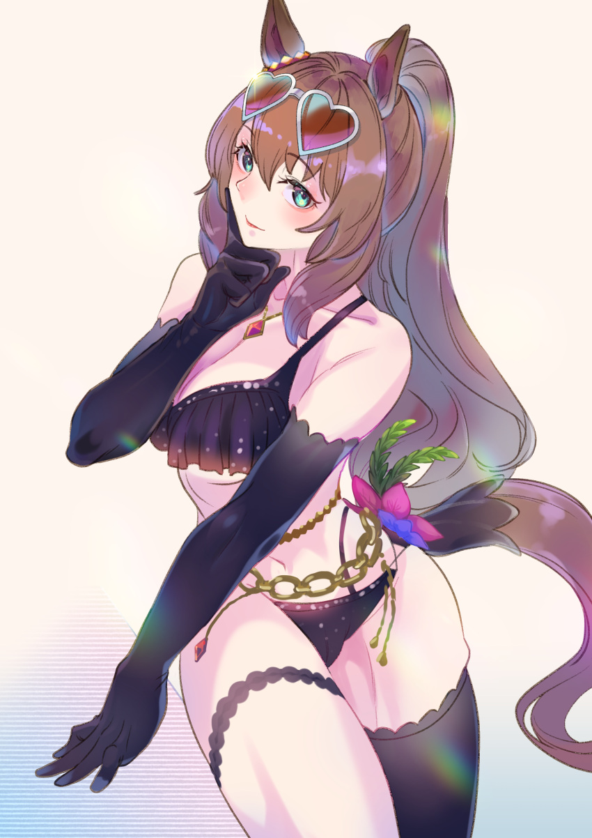 1girl :p absurdres adapted_costume animal_ears bikini black_bikini black_gloves black_thighhighs blue_eyes breasts brown_hair chain closed_mouth commentary_request doushi_tatsu_to_dekkai_no ear_ornament elbow_gloves eyewear_on_head gloves gold_chain heart heart-shaped_eyewear highres horse_ears horse_girl large_breasts looking_at_viewer maruzensky_(blasting_off_summer_night)_(umamusume) maruzensky_(umamusume) official_alternate_costume ponytail single_thighhigh smile solo sunglasses swimsuit thighhighs tongue tongue_out umamusume