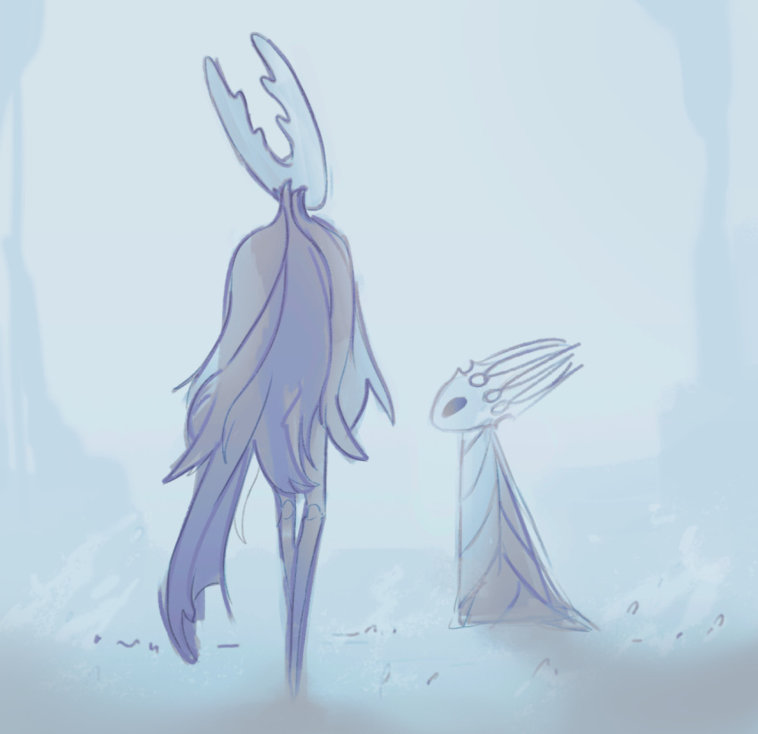 2others arthropod_limbs black_cloak cloak crown ded-lime dress highres hollow_eyes hollow_knight horns king looking_at_another multiple_others pure_vessel standing walking white_background white_cloak