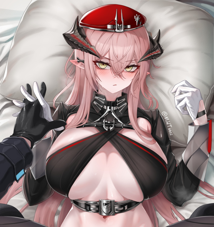 1boy 1girl arknights artist_name black_gloves blush breasts ear_blush gloves hat head_on_pillow hetero highres holding_hands horns interlocked_fingers large_breasts long_hair long_sleeves looking_at_viewer lying mildt navel on_back parted_lips pink_hair red_hat revealing_clothes solo_focus steaming_body tsurime twitter_username ulsulah_(arknights) underbust upper_body very_long_hair white_gloves yellow_eyes