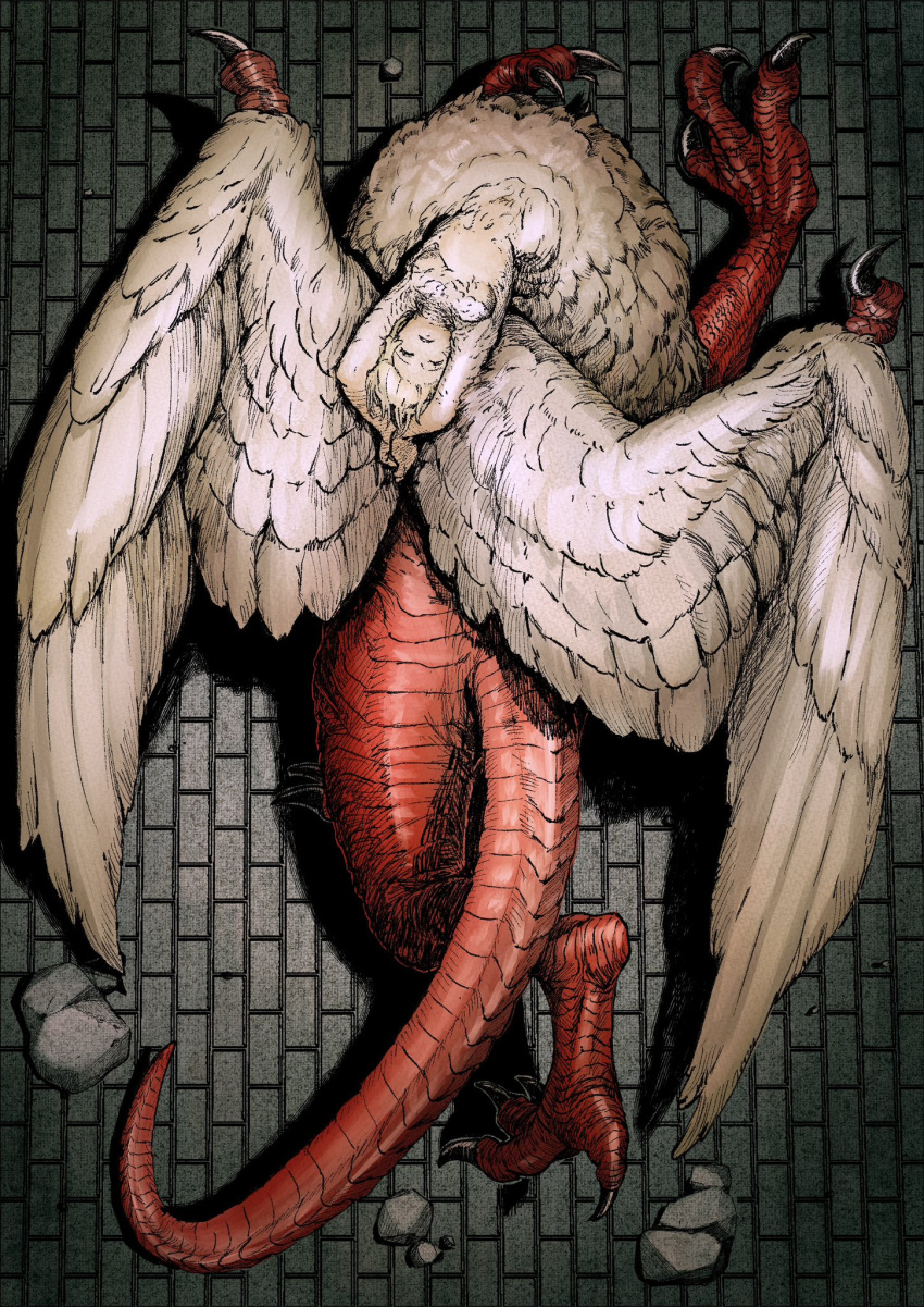 1girl bent_over_backwards body_fur breasts centauroid chimera claws cleavage dragon_tail dungeon_meshi falin_touden falin_touden_(chimera) feathered_wings feathers head_back highres jsn6986 looking_at_viewer monster_girl red_scales short_hair solo spoilers tail talons taur white_feathers wings