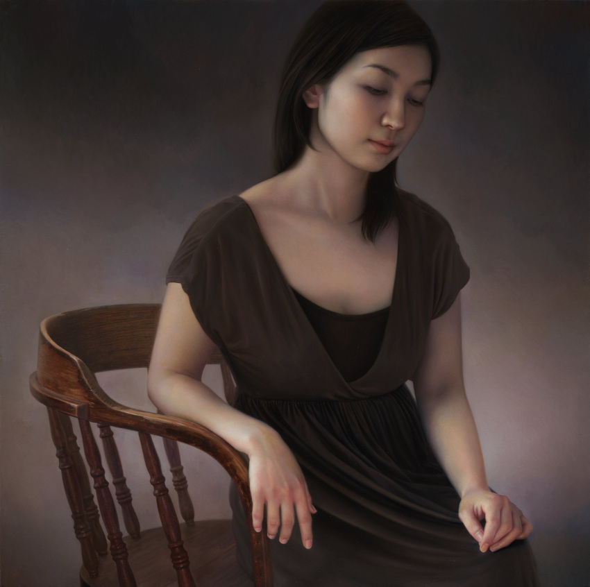 1girl armchair black_hair brown_dress chair closed_eyes dress highres long_hair oil_painting_(medium) original painting_(medium) realistic shadow sitting sleeveless solo traditional_media uno_kazuhiro wooden_chair