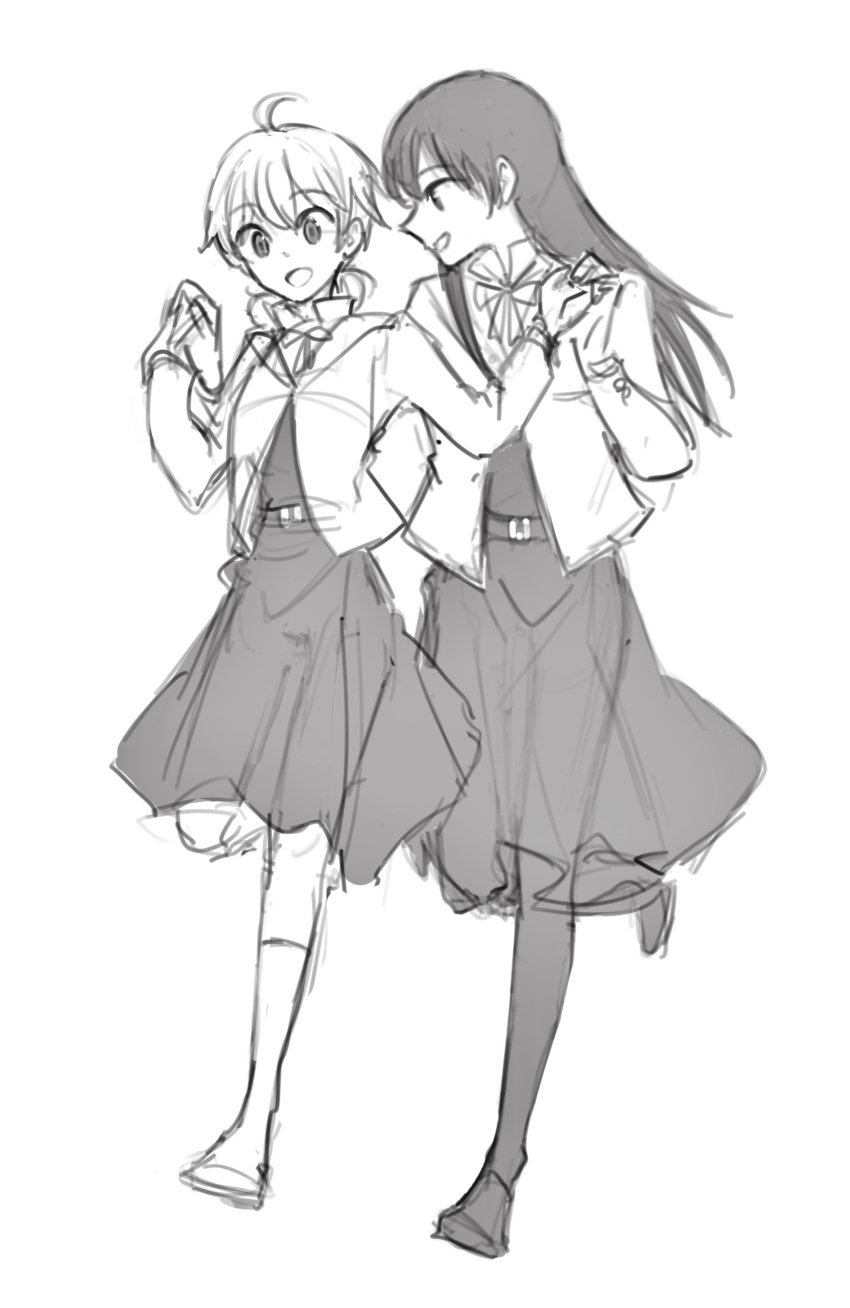 2girls absurdres ahoge commentary_request dress full_body greyscale highres holding_hands jacket koito_yuu long_hair long_sleeves looking_at_another monochrome multiple_girls nanami_touko nyamo open_mouth running school_uniform short_twintails smile tohmi_higashi_high_school_uniform twintails yagate_kimi_ni_naru