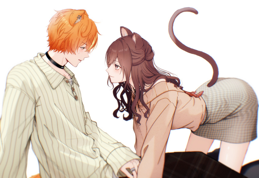 1boy 1girl all_fours animal_ears black_choker black_ribbon blonde_hair blush brother_and_sister brown_eyes brown_hair brown_shirt cat_ears cat_girl cat_tail choker collarbone collared_shirt commentary dog_ears grey_skirt highres jewelry kemonomimi_mode long_hair looking_at_another multicolored_hair neck_ribbon off-shoulder_shirt off_shoulder orange_hair parted_lips project_sekai ribbon ring rise_as_one!_(project_sekai) shinonome_akito shinonome_ena shirt short_hair siblings simple_background skirt smile streaked_hair symbol-only_commentary tail white_background yamaki_kai