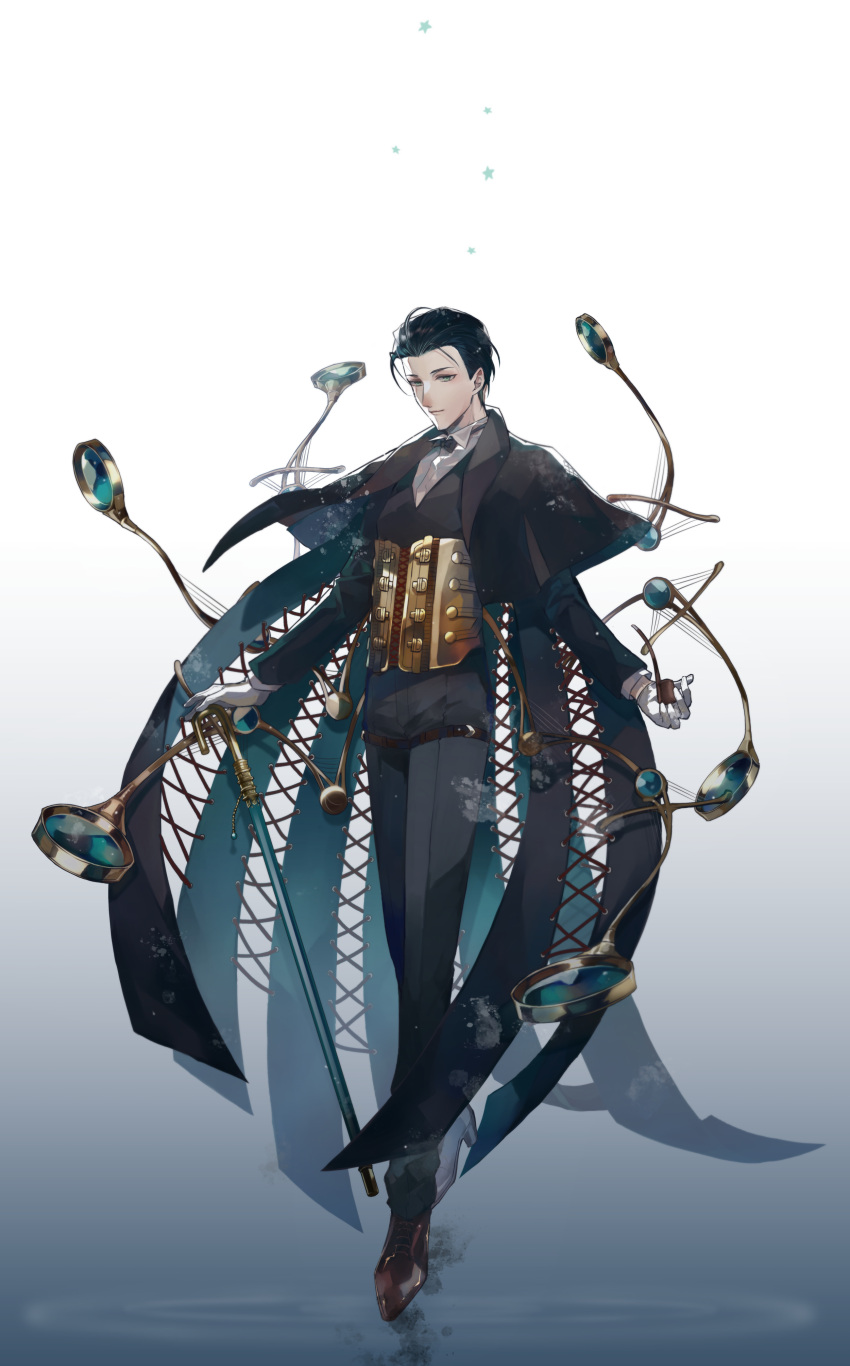 1boy absurdres black_capelet black_hair bow bowtie cane capelet collared_shirt fate/grand_order fate_(series) formal full_body gloves green_eyes hair_slicked_back highres holding holding_smoking_pipe jacket long_sleeves looking_at_viewer m_m6m6 magnifying_glass male_focus sherlock_holmes_(fate) shirt short_hair smile smoking_pipe solo suit white_gloves