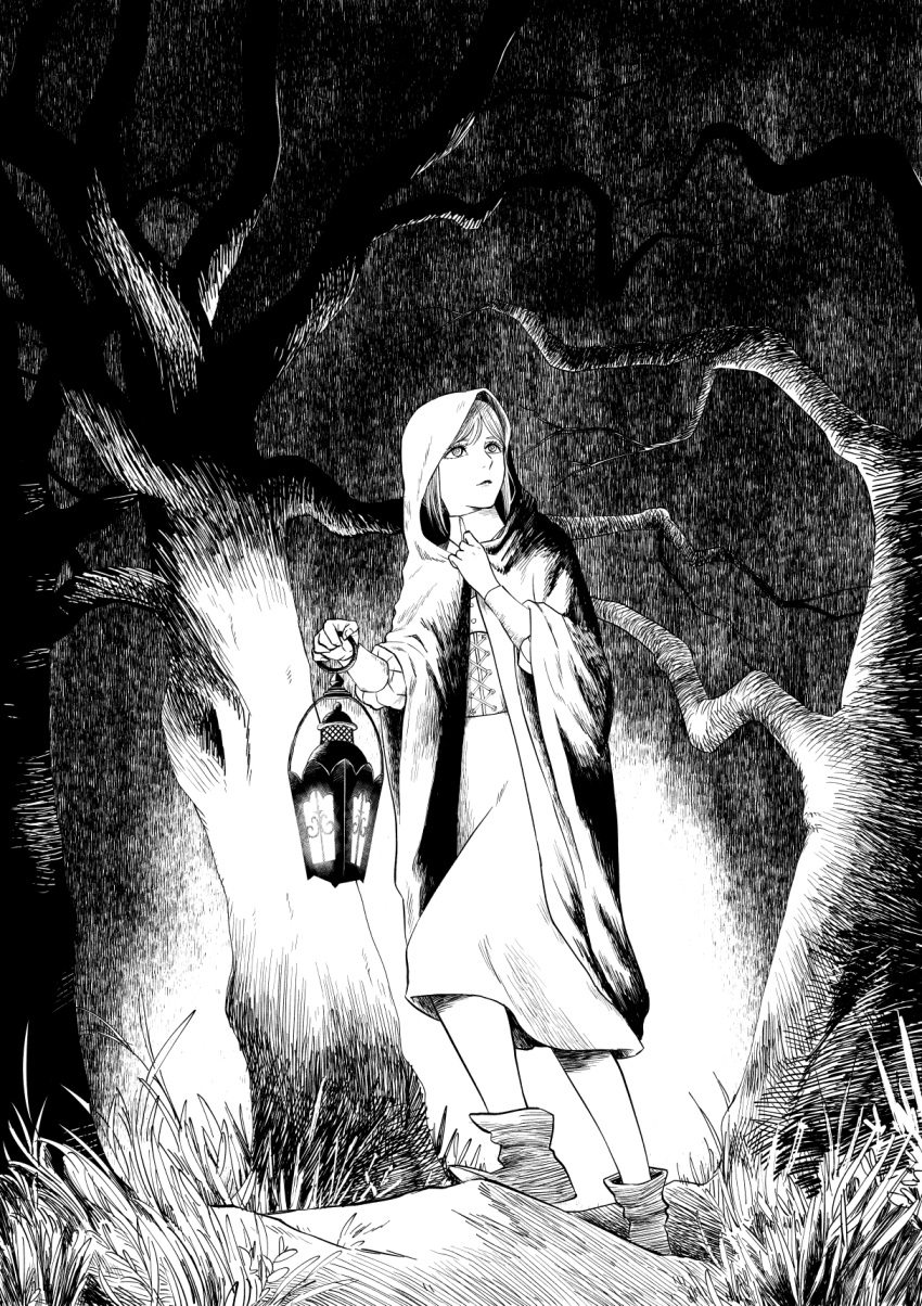 1girl bare_tree boots cloak commentary grass greyscale highres holding holding_lantern hood hooded_cloak lantern long_hair monochrome nakahara_roku night original outdoors solo tree walking