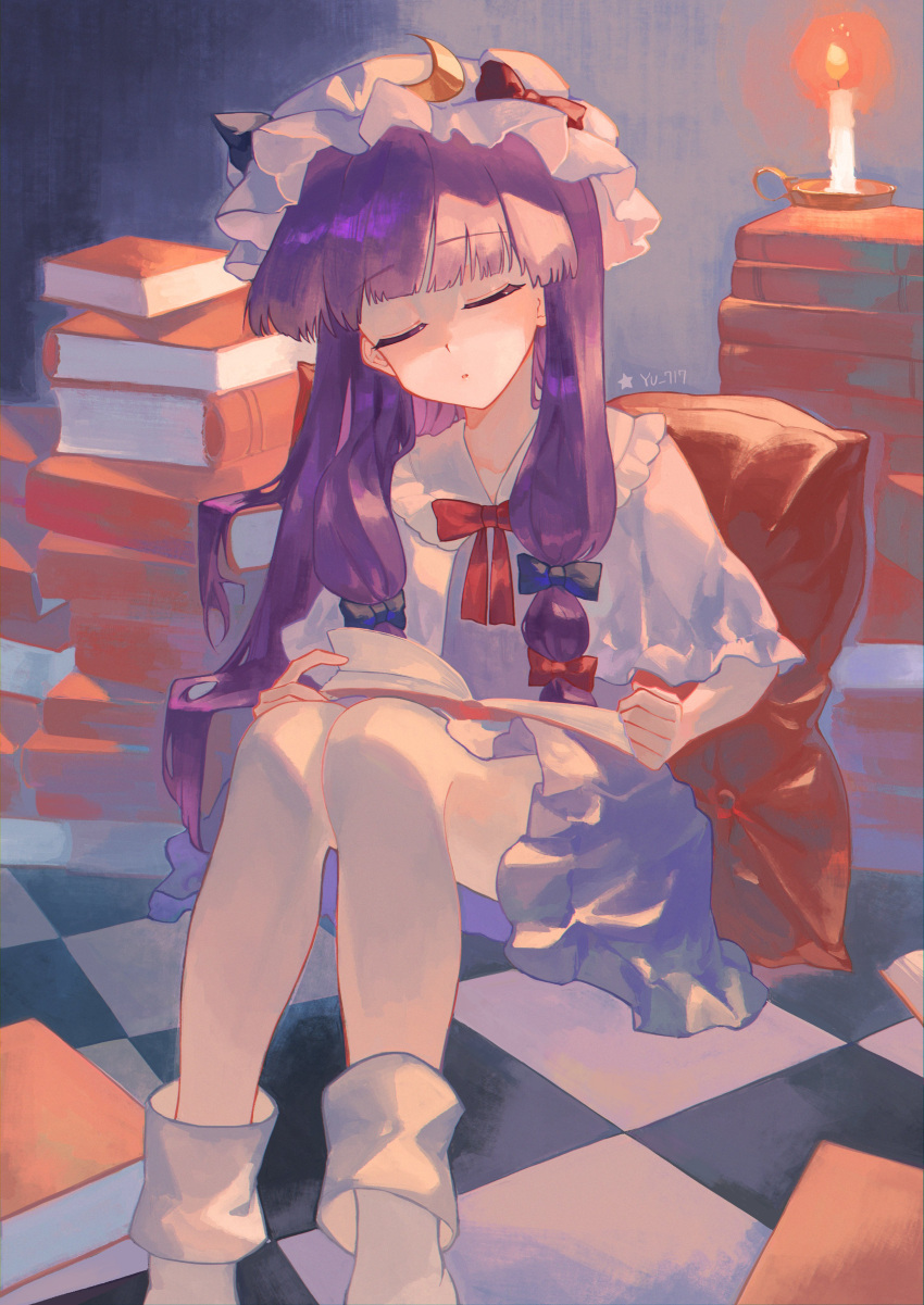 1girl absurdres book book_stack bow candle candlelight capelet checkered_floor cindy717 closed_eyes commentary dress hair_bow hat highres holding holding_book knees_up long_hair mob_cap pantyhose patchouli_knowledge purple_dress purple_hair sitting sleeping socks solo touhou very_long_hair white_capelet white_pantyhose white_socks