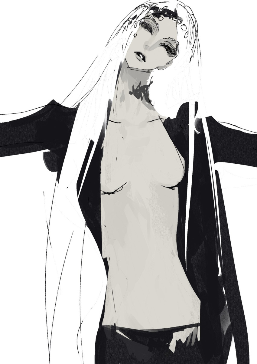 1girl blending breasts collarbone facing_viewer greyscale head_tilt highres jacket long_hair monochrome no_bra open_clothes open_jacket original outstretched_arms pants spread_arms standing toduring very_long_hair