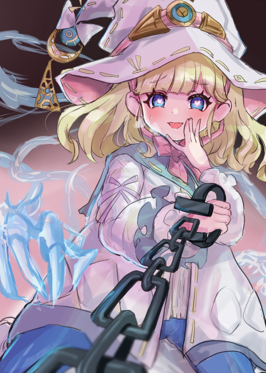 1girl aura blonde_hair blue_eyes blue_pantyhose blurry blurry_foreground blush breath coat diabellze_the_original_sinkeeper dress duel_monster hand_on_own_face hat heart heart-shaped_pupils highres medium_hair noppe pantyhose pink_pupils pov risette_of_the_white_woods solo symbol-shaped_pupils white_coat white_dress white_hat witch_hat yu-gi-oh!