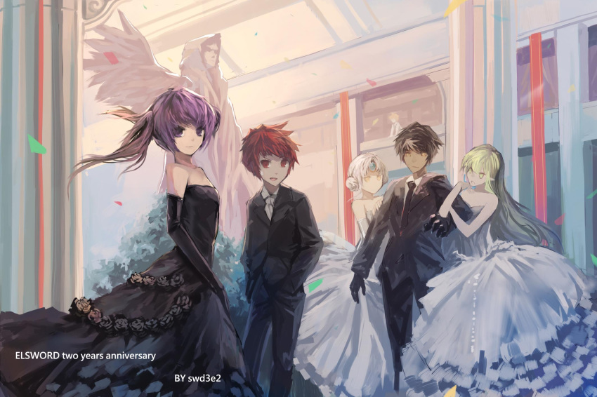 2boys 3girls aisha_landar artist_name bare_shoulders black_dress black_gloves black_hair black_pants bride code:_empress_(elsword) dark_skin detached_sleeves dress elsword elsword_(character) eve_(elsword) flat_chest forehead_jewel gloves grand_archer_(elsword) green_eyes green_hair groom hands_in_pockets harem highres locked_arms long_hair looking_at_viewer multicolored_hair multiple_boys multiple_girls necktie open_mouth pants pillar purple_eyes purple_hair raven_cronwell reckless_fist_(elsword) red_eyes red_hair rena_erindel statue suit swd3e2 void_princess_(elsword) wedding_dress white_dress white_hair white_sleeves yellow_eyes