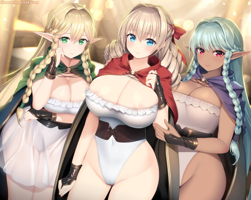 aqua_hair blonde_hair blue_eyes blush braid braided_sidelock breasts cameltoe cleavage cloak dark-skinned_female dark_elf dark_skin dress drill_hair elf eltolinde_(unicorn_overlord) green_cloak green_eyes hair_intakes hair_ribbon highres kashiwamochi_yomogi large_breasts leotard long_hair pointy_ears purple_cloak ribbon rosalinde_(unicorn_overlord) scarlett_(unicorn_overlord) see-through see-through_dress siblings side_braids sisters smile unicorn_overlord variant_set very_long_hair white_leotard