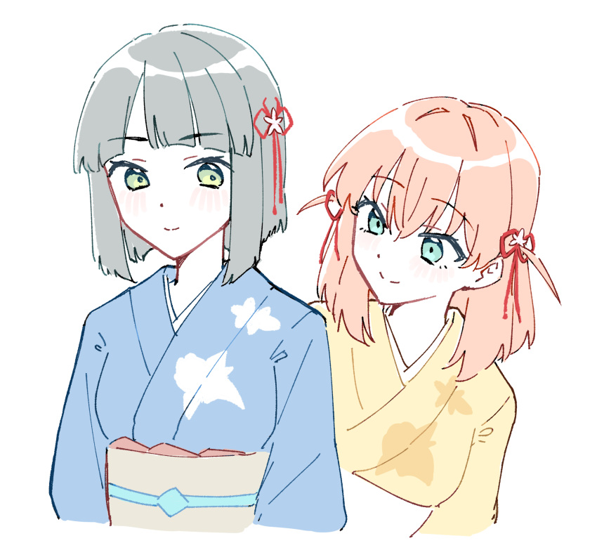 2girls alternate_color black_hair blue_kimono blunt_bangs blunt_ends closed_mouth commentary cosplay cropped_torso crossed_bangs flower flower_knot green_eyes hair_flower hair_ornament highres hinoshita_kaho japanese_clothes kimono link!_like!_love_live! looking_at_another love_live! medium_hair momose_ginko momose_ginko_(cosplay) multiple_girls official_alternate_costume orange_hair pale_color short_hair simple_background smile split_mouth symbol-only_commentary two_side_up virtual_youtuber white_background yellow_kimono zangemiya