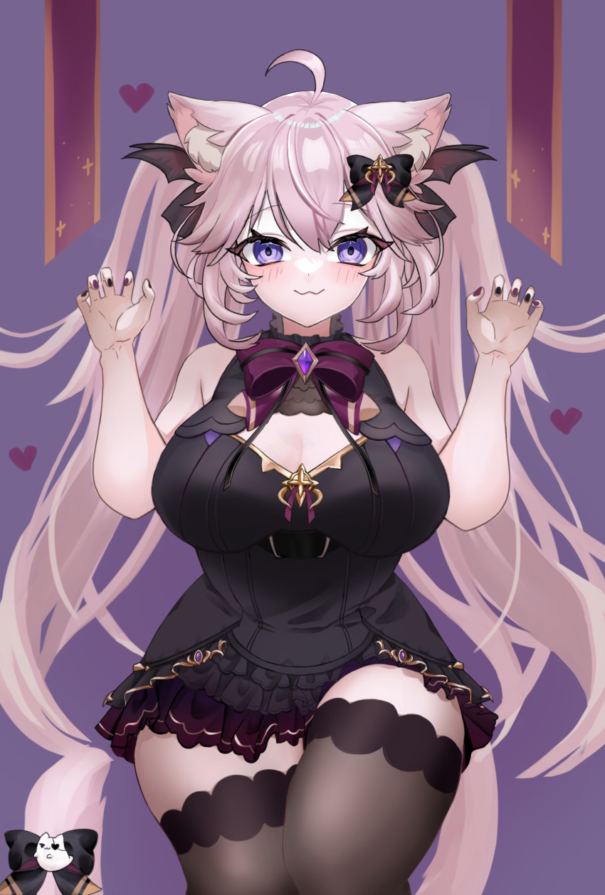 :3 ahoge akimoto8 animal_ear_fluff animal_ears belt black_belt black_bow black_dress black_nails black_ribbon bow bowtie breasts cat_ears cat_girl cleavage_cutout clothing_cutout cowboy_shot dress frilled_dress frills grey_hair hair_bow hair_ribbon heart highres large_breasts long_hair nyatasha_nyanners purple_bow purple_bowtie purple_brooch purple_eyes purple_nails purple_skirt ribbon skirt skirt_under_dress sleeveless sleeveless_dress thighhighs twintails two-tone_nails virtual_youtuber vshojo zettai_ryouiki