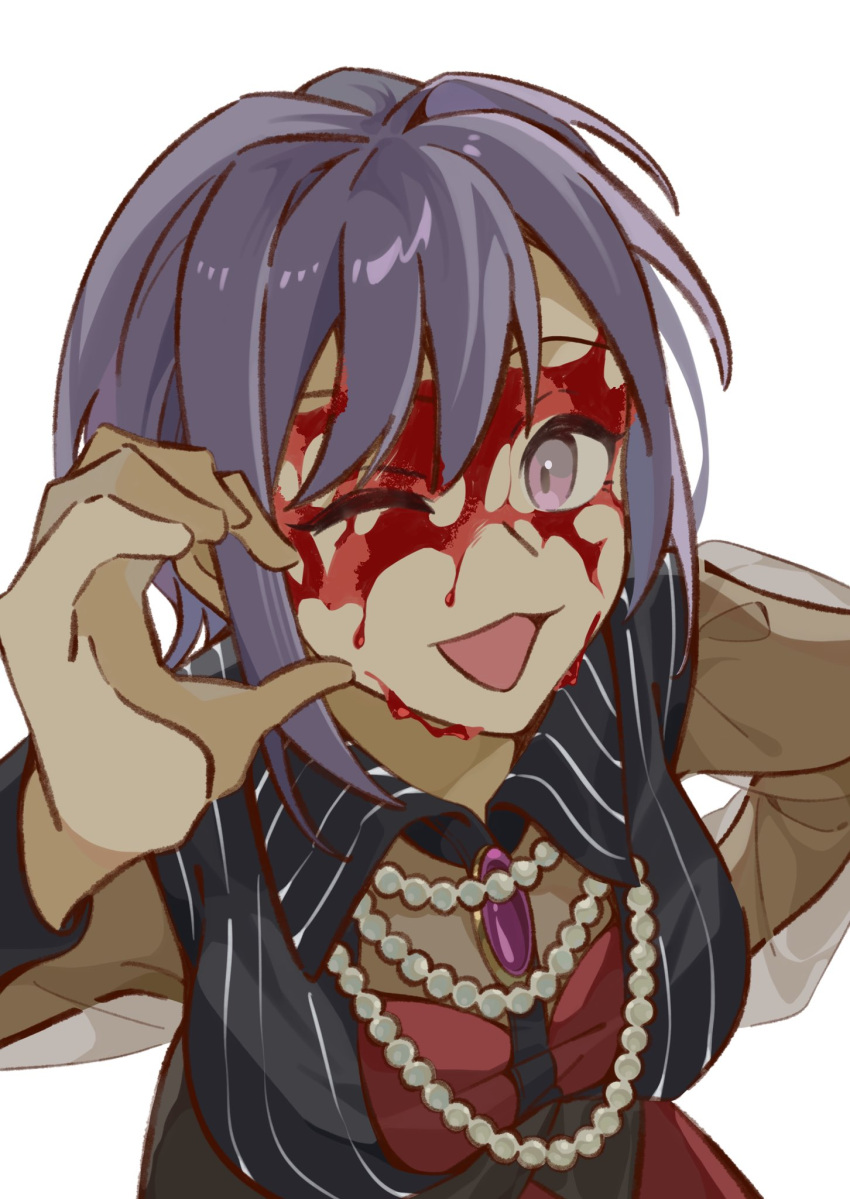 1girl :3 bang_dream! bang_dream!_it's_mygo!!!!! bead_necklace beads black_vest blood blood_on_face commentary half-heart_hands highres jewelry looking_at_viewer necklace one_eye_closed open_mouth purple_brooch purple_eyes purple_hair see-through see-through_sleeves short_hair simple_background solo upper_body vest white_background yui_k_(yuik48074789)