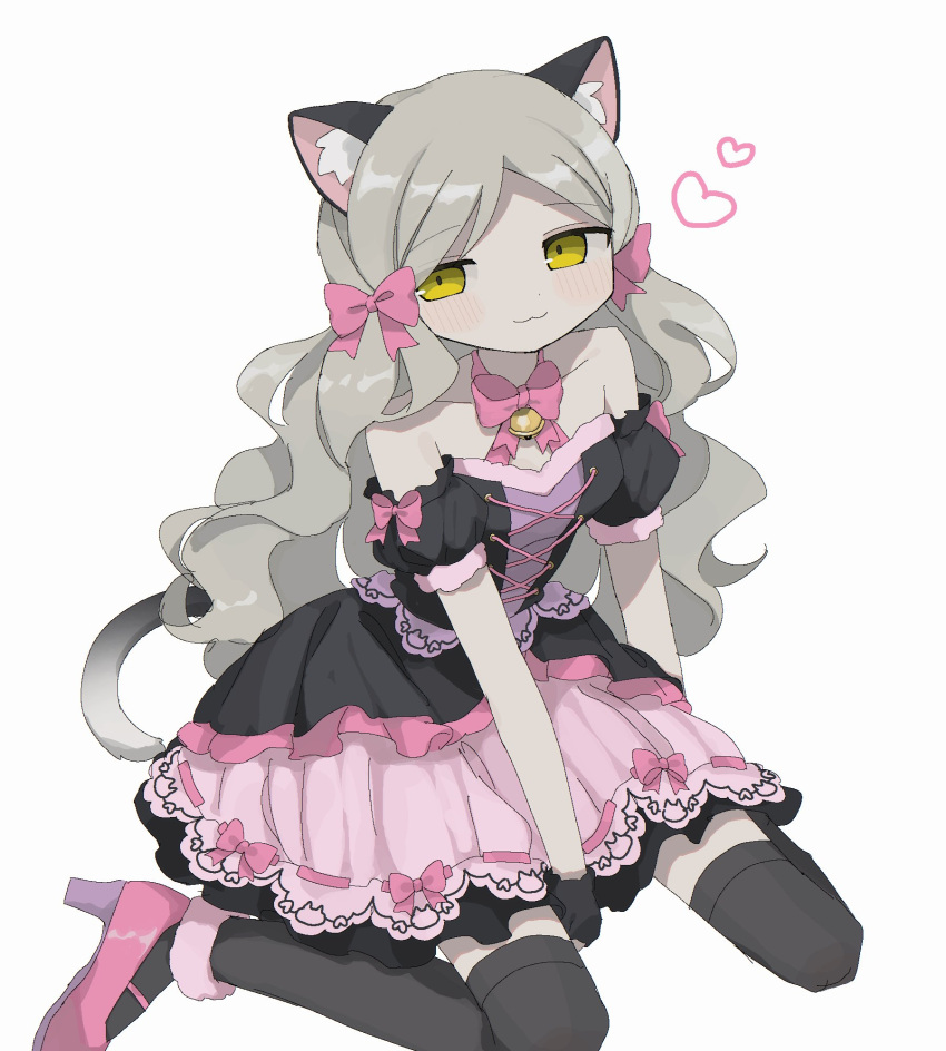 01sh110sush1 1girl :3 alternate_costume animal_ears bare_shoulders bell black_thighhighs blush breasts cat_ears cat_tail choker closed_mouth collarbone detached_sleeves dot_nose dress expressionless fake_animal_ears fake_tail fur-trimmed_dress fur_trim hair_ribbon half-closed_eyes handa_roco hands_on_ground heart highres idolmaster idolmaster_million_live! idolmaster_million_live!_theater_days layered_dress light_brown_hair long_hair looking_at_viewer neck_bell nyannyan_cat's_eye_(idolmaster) parted_bangs pink_footwear pink_ribbon puffy_detached_sleeves puffy_sleeves ribbon ribbon-trimmed_dress ribbon_choker simple_background sitting small_breasts solo tail thighhighs twintails very_long_hair wariza wavy_hair white_background