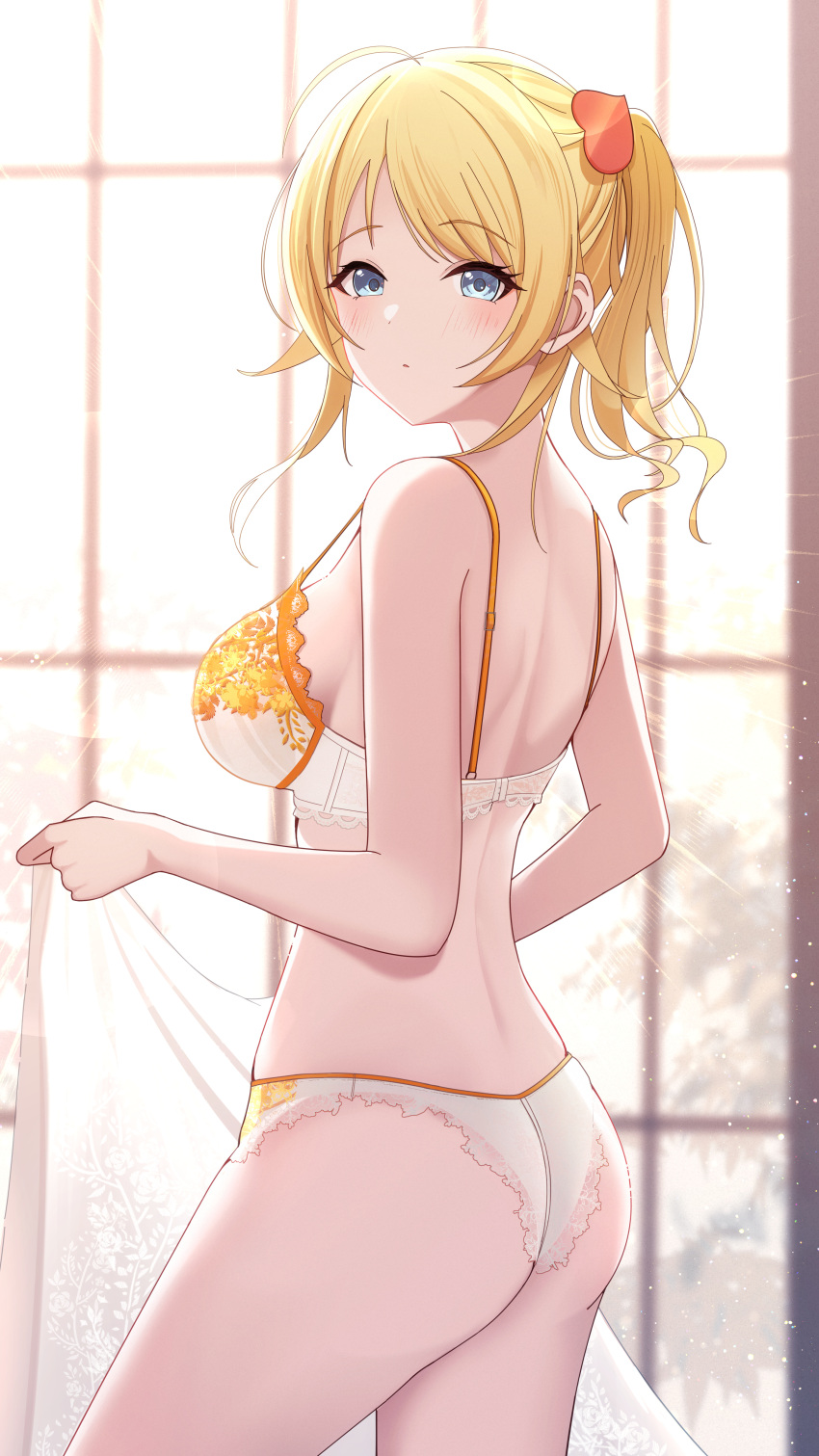 1girl absurdres ass bed_sheet blonde_hair blue_eyes bra breasts commentary_request cowboy_shot hachimiya_meguru hair_ornament heart heart_hair_ornament highres holding holding_sheet idolmaster idolmaster_shiny_colors large_breasts light_blush light_particles looking_at_viewer open_mouth panties ponytail sikimosh solo thighs underwear white_bra white_panties