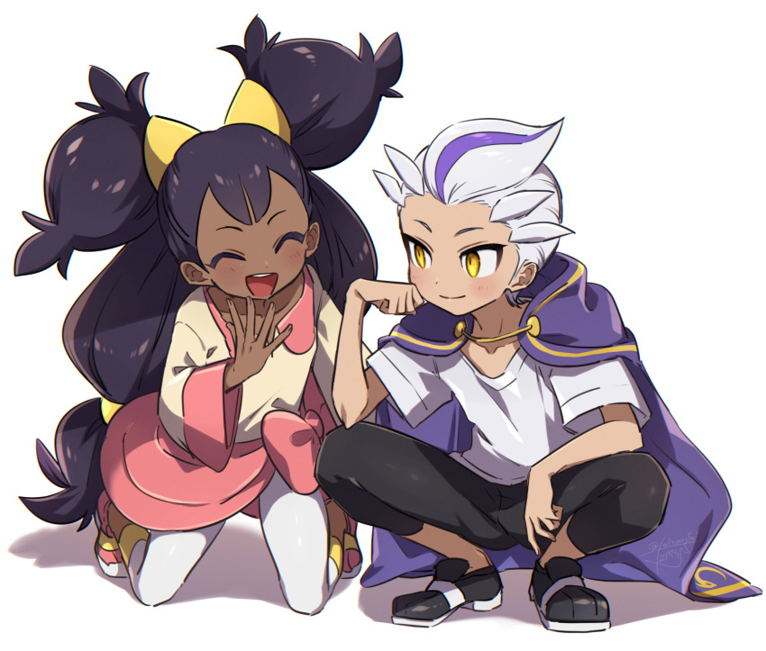 1boy 1girl :d ^_^ black_pants cape closed_eyes closed_mouth commentary_request drayton_(pokemon) highres iris_(pokemon) leftporygon long_hair multicolored_hair open_mouth pants pokemon pokemon_bw pokemon_sv purple_cape purple_hair shirt short_hair simple_background smile squatting streaked_hair two-tone_hair white_background white_hair white_shirt yellow_eyes