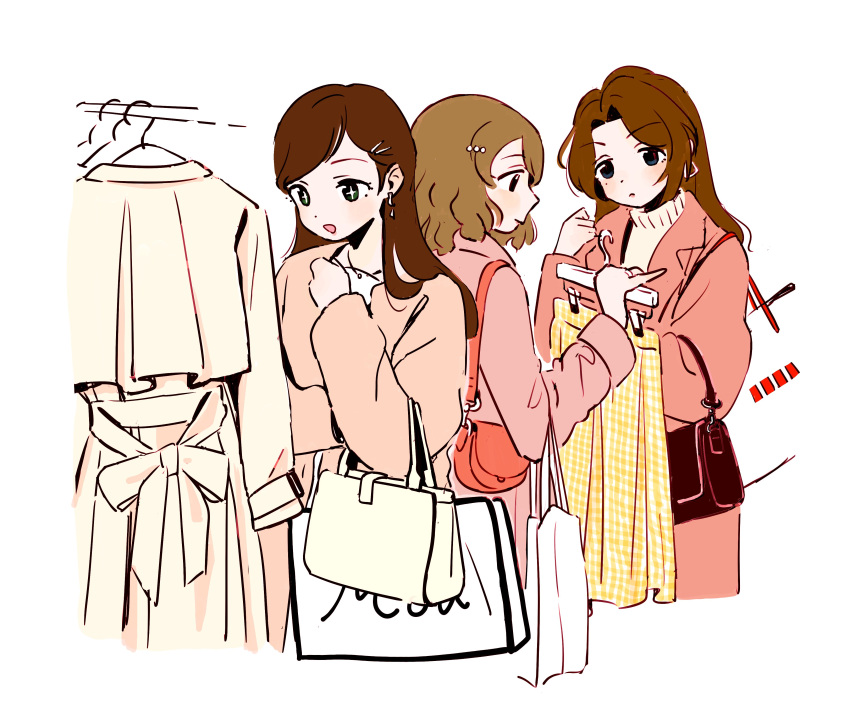 +_+ 3girls absurdres bag black_eyes blush brown_hair brown_sweater closed_mouth clothes_hanger clothes_rack coat commentary_request cropped_legs etou_misaki_(idolmaster) girls'_power_(idolmaster) handbag highres holding holding_clothes idolmaster idolmaster_cinderella_girls iwashi_iwashimo kishibe_ayaka lapels long_hair long_sleeves looking_at_another medium_hair mole mole_under_eye multiple_girls open_mouth pink_coat shopping shopping_bag simple_background smile standing sweater swept_bangs tsukimiya_miyabi turtleneck turtleneck_sweater wavy_hair white_background