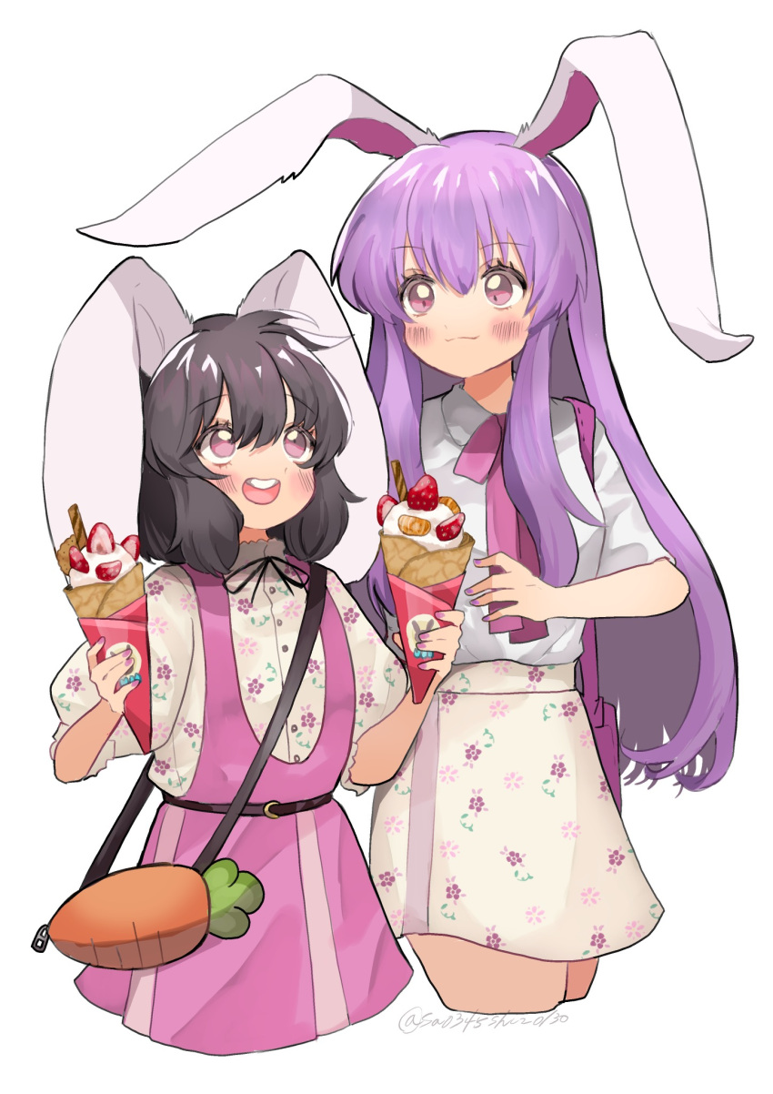 2girls :d alternate_costume animal_ears artist_name black_hair black_ribbon blush carrot_bag commentary_request cropped_legs dress floppy_ears floral_print food fruit highres holding holding_food holding_ice_cream ice_cream inaba_tewi long_hair looking_at_another medium_hair multiple_girls neck_ribbon pink_bag pink_dress pink_eyes pink_hair pink_nails pink_ribbon rabbit_ears rabbit_girl reisen_udongein_inaba ribbon shirt shirt_tucked_in simple_background skirt smile strawberry teeth touhou uchisaki_himari upper_teeth_only white_background white_shirt white_skirt