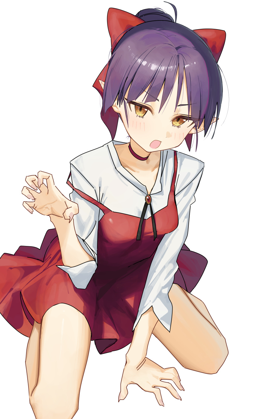 1girl absurdres blush bow breasts dress gegege_no_kitarou hair_bow hair_bun highres looking_at_viewer nekomusume nekomusume_(gegege_no_kitarou_6) open_mouth pointy_ears purple_hair red_bow red_dress seiza shirt short_hair single_hair_bun sitting sleeves_rolled_up small_breasts solo syhan thighs white_shirt yellow_eyes