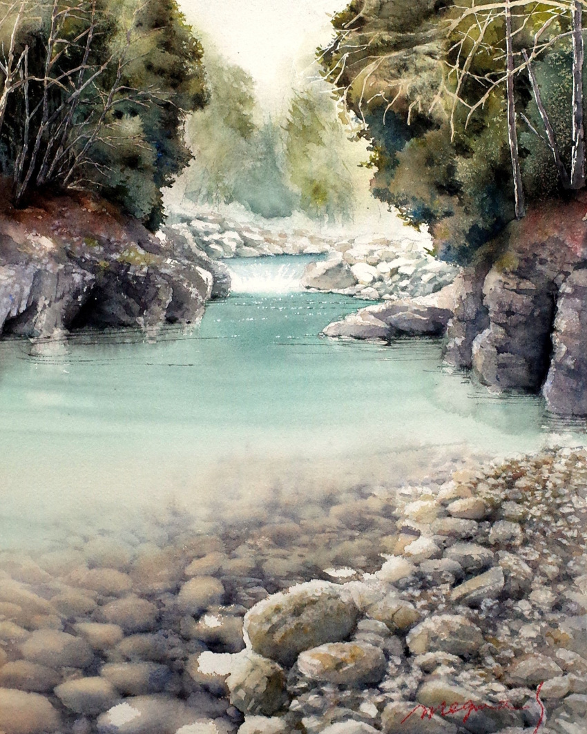 bare_tree gavel highres no_humans original painting_(medium) plant river riverbank rock scenery shimizu_megumi_(m_acquerello) traditional_media tree water watercolor_(medium)