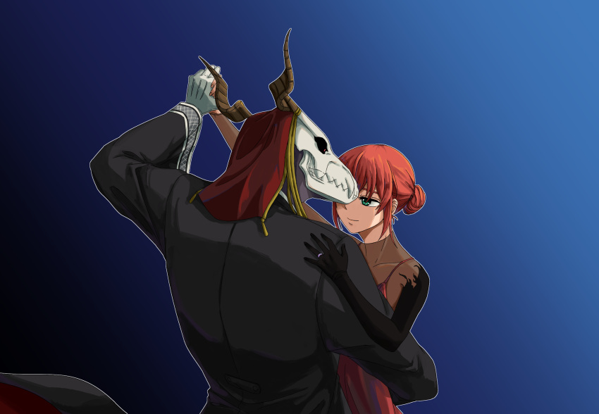 1boy 1girl animal_head animal_skull black_coat blue_background closed_mouth coat curled_horns dancing delfuze dress elias_ainsworth gloves gradient_background green_eyes hair_bun hand_up hatori_chise highres holding_hands horns mahou_tsukai_no_yome red_dress red_hair sidelocks single_hair_bun skull_head smile white_gloves