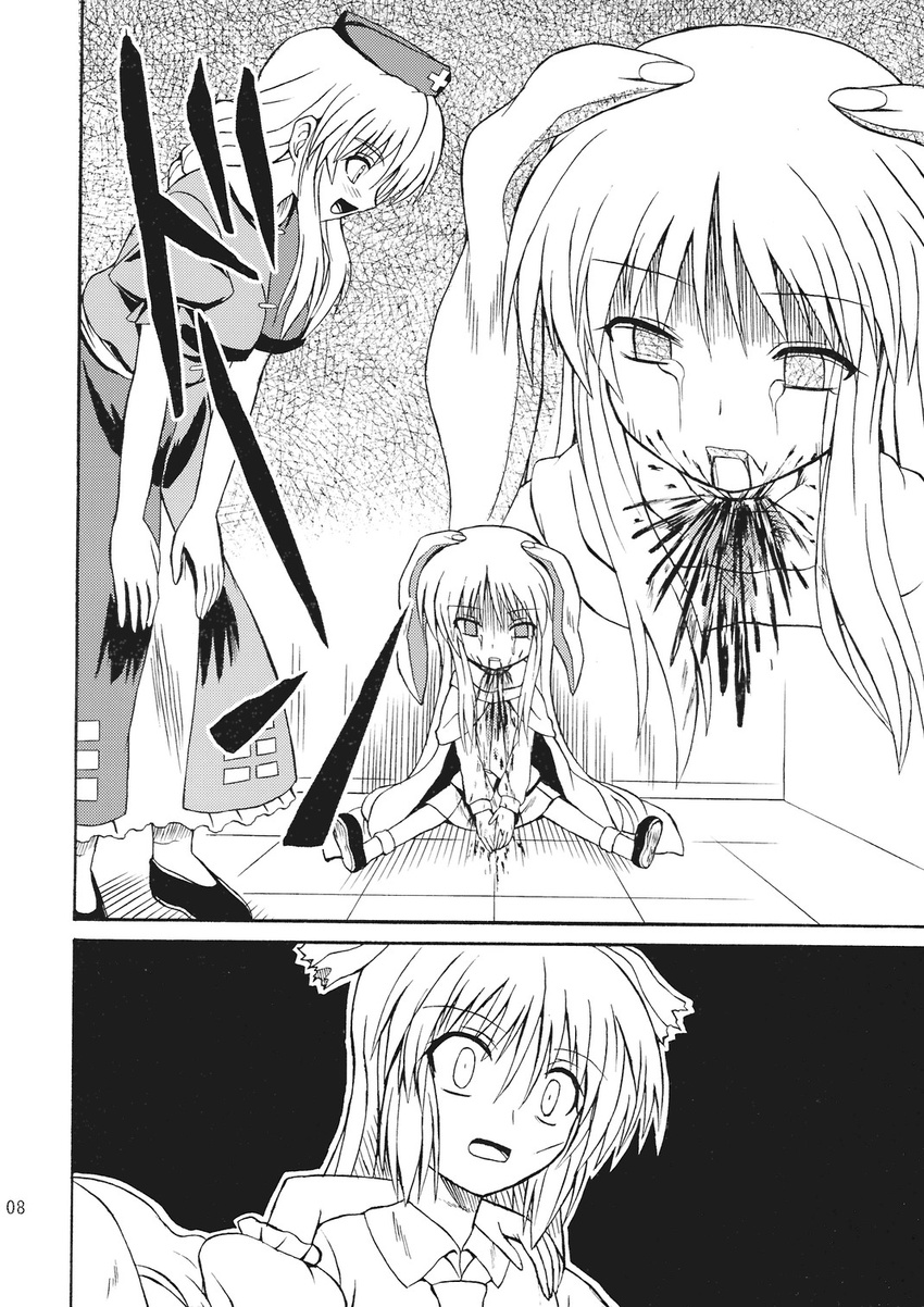 blood blood_from_mouth child comic corpse death empty_eyes greyscale hands_on_own_knees highres kneeling long_hair monochrome multiple_girls reisen_udongein_inaba shaded_face shocked_eyes size_difference slit_throat surprised takaku_toshihiko tears touhou translated very_long_hair yagokoro_eirin