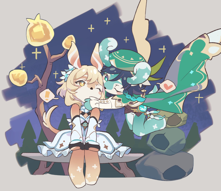 ! 1boy 1girl black_hair blonde_hair braid chibi couple dress flower fridaynightcat full_body genshin_impact green_eyes hair_flower hair_ornament hat heart hetero highres lumine_(genshin_impact) melusine_(genshin_impact) night night_sky one_eye_closed short_hair sitting sky spoken_heart star_(sky) starry_sky twin_braids venti_(genshin_impact) vision_(genshin_impact) white_dress