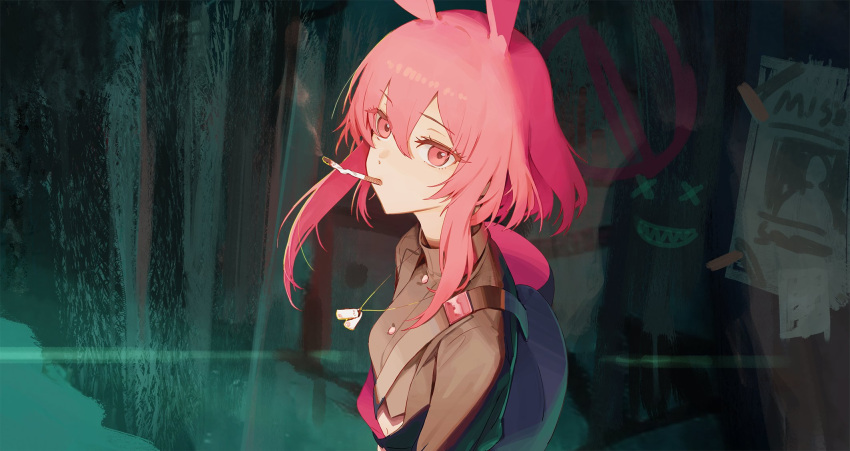 1girl animal_ears bag black_jacket black_shirt cigarette crop_top dog_tags double-parted_bangs hair_between_eyes highres jacket mouth_hold navel olys original pink_eyes pink_hair shadow shirt short_hair_with_long_locks shoulder_bag smoke smoking solo x_x