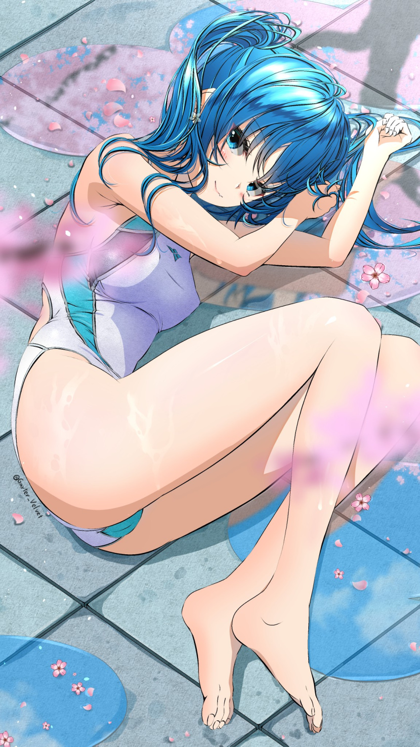 1girl aigami_kaon bare_arms bare_legs barefoot blue_eyes blue_hair breasts cherry_blossoms commentary_request competition_swimsuit feet flower garter-velvet highres long_hair looking_at_viewer lying medium_breasts on_side one-piece_swimsuit original outdoors petals pink_flower reflection smile solo swimsuit thighs toes water white_one-piece_swimsuit