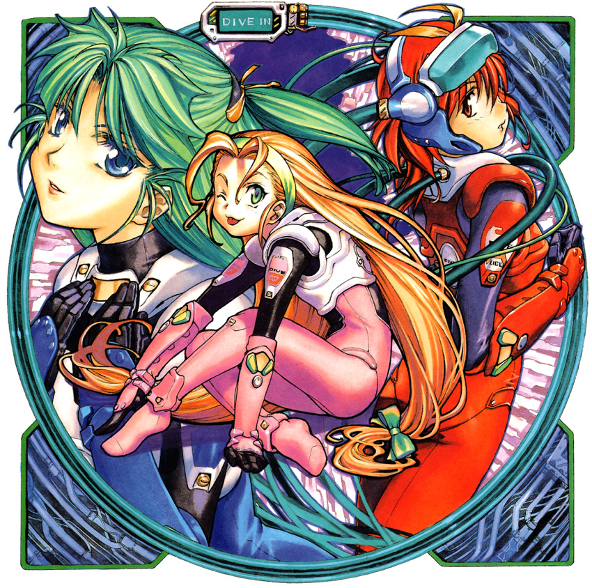 1990s_(style) 3girls ;p alice_in_cyberland blonde_hair blue_eyes bodysuit gloves green_eyes green_hair hairband headgear highres long_hair looking_at_viewer low-tied_long_hair medium_hair minazuki_alice multiple_girls non-web_source official_art one_eye_closed ootori_rena_(alice_in_cyberland) parted_lips red_eyes red_hair retro_artstyle tongue tongue_out very_long_hair yagami_juri