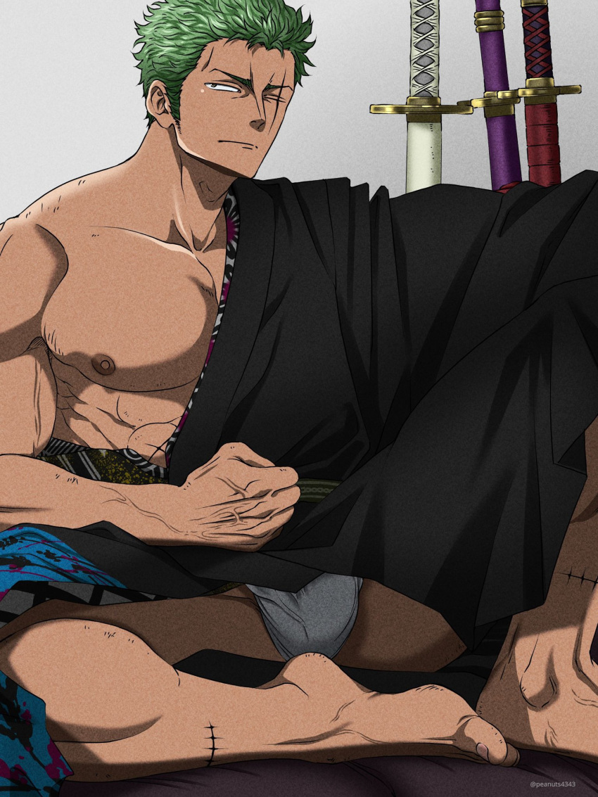 1boy abs alternate_costume bara black_kimono bulge dark-skinned_male dark_skin full_body fundoshi green_hair highres japanese_clothes kimono knee_up large_pectorals male_focus muscular muscular_male nipples one_piece pectorals pinattsu roronoa_zoro scar scar_across_eye sheath sheathed short_hair sideways_glance sitting solo spread_legs veins veiny_arms veiny_feet