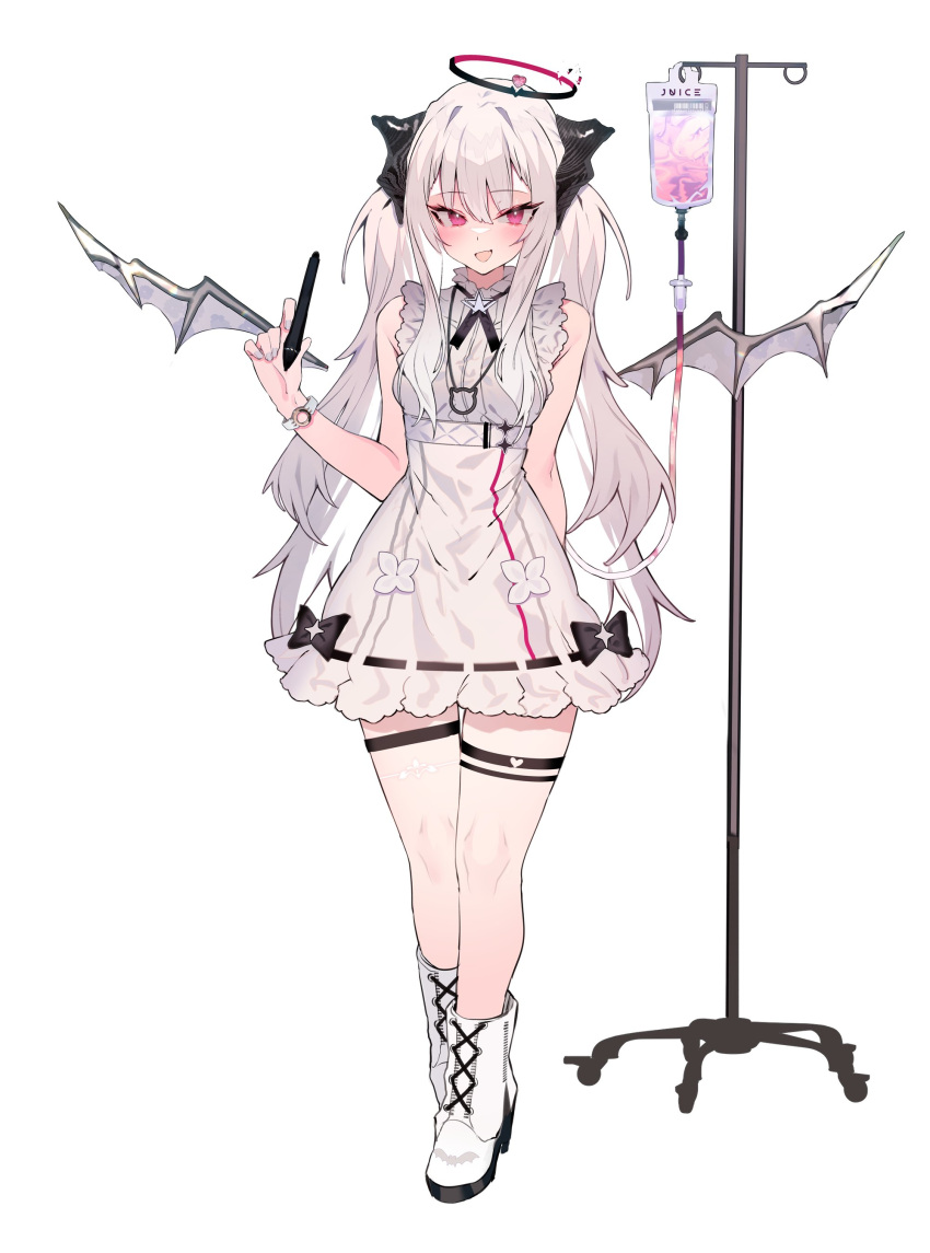 1girl :d absurdres amanatsu_leo bare_shoulders black_bow blush boots bow demon_horns demon_wings detached_wings dress frilled_dress frills full_body grey_hair grey_nails grey_wings halo hand_up highres holding holding_pen horns indie_virtual_youtuber intravenous_drip iv_stand long_hair looking_at_viewer mini_wings nail_polish pen purple_eyes simple_background sleeveless sleeveless_dress smile solo soukou_makura standing thigh_strap two_side_up virtual_youtuber watch white_background white_dress white_footwear wings wristwatch