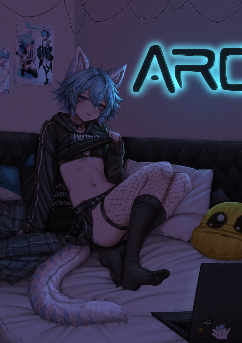 1boy :p absurdres animal_ears archon_eclipse bikini bikini_top_only black_bikini black_choker black_skirt black_socks blue_eyes blue_hair body_markings choker christmas_lights christmas_ornaments clothes_lift commission computer emoji feet fishnet_thighhighs fishnets highres ikea_shark indie_virtual_youtuber laptop legs leopard_boy leopard_ears leopard_tail lifted_by_self lobsteranian long_sleeves looking_at_viewer male_focus marking_on_cheek navel no_shoes otoko_no_ko pillow pleading_face_emoji poster_(object) shirt_lift short_hair sitting skirt snow_leopard socks soles spotted_tail stuffed_animal stuffed_shark stuffed_toy swimsuit tail thighhighs toes tongue tongue_out virtual_youtuber
