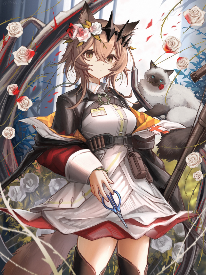 1girl 3_(sanyako1) absurdres animal_ears animal_on_shoulder arknights belt black_coat black_tiara blood boots breasts brown_footwear brown_hair cat cat_ears cat_girl cat_tail coat commentary crossed_bangs dress flower frown green_eyes hair_flower hair_ornament highres holding holding_scissors holding_staff id_card long_sleeves looking_at_viewer medium_breasts outdoors pouch rose scissors short_hair solo staff tail thigh_boots tiara vendela_(arknights) white_dress white_flower white_rose