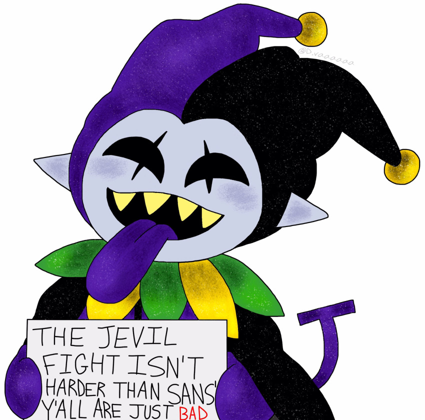 2018 :d close-up clothed clothing d_vaaaah deltarune dialogue english_text hat headgear hi_res humanoid imp jevil_(deltarune) male not_furry open_mouth pointy_ears sharp_teeth sign simple_background smile solo standing teeth text the_truth tongue tongue_out video_games white_background