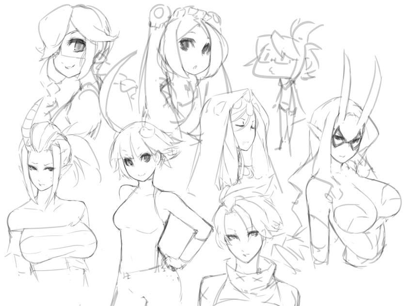 6+girls aeon_(skullgirls) annie_(skullgirls) bare_shoulders bloody_marie_(skullgirls) braid breasts chinese_clothes cleavage d._violet eu03 eyepatch feng_(skullgirls) glasses greyscale hood horn large_breasts leduc_(skullgirls) maid mask monochrome multiple_girls scythana sketch skullgirls twin_braids twintails venus_(skullgirls)