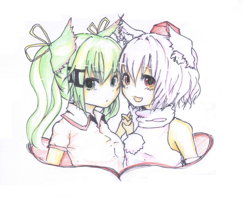 animal_ears chagu green_hair highres inubashiri_momiji kuromiya_raika long_hair looking_at_viewer multiple_girls open_mouth original short_hair smile touhou