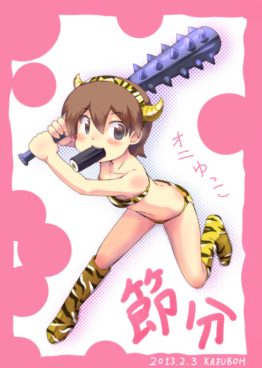 aioi_yuuko animal_print bikini boots brown_eyes brown_hair club food hairband highres horns kazuboh knee_boots makizushi md5_mismatch mouth_hold nichijou oni setsubun short_hair solo spiked_club sushi swimsuit tiger_print weapon