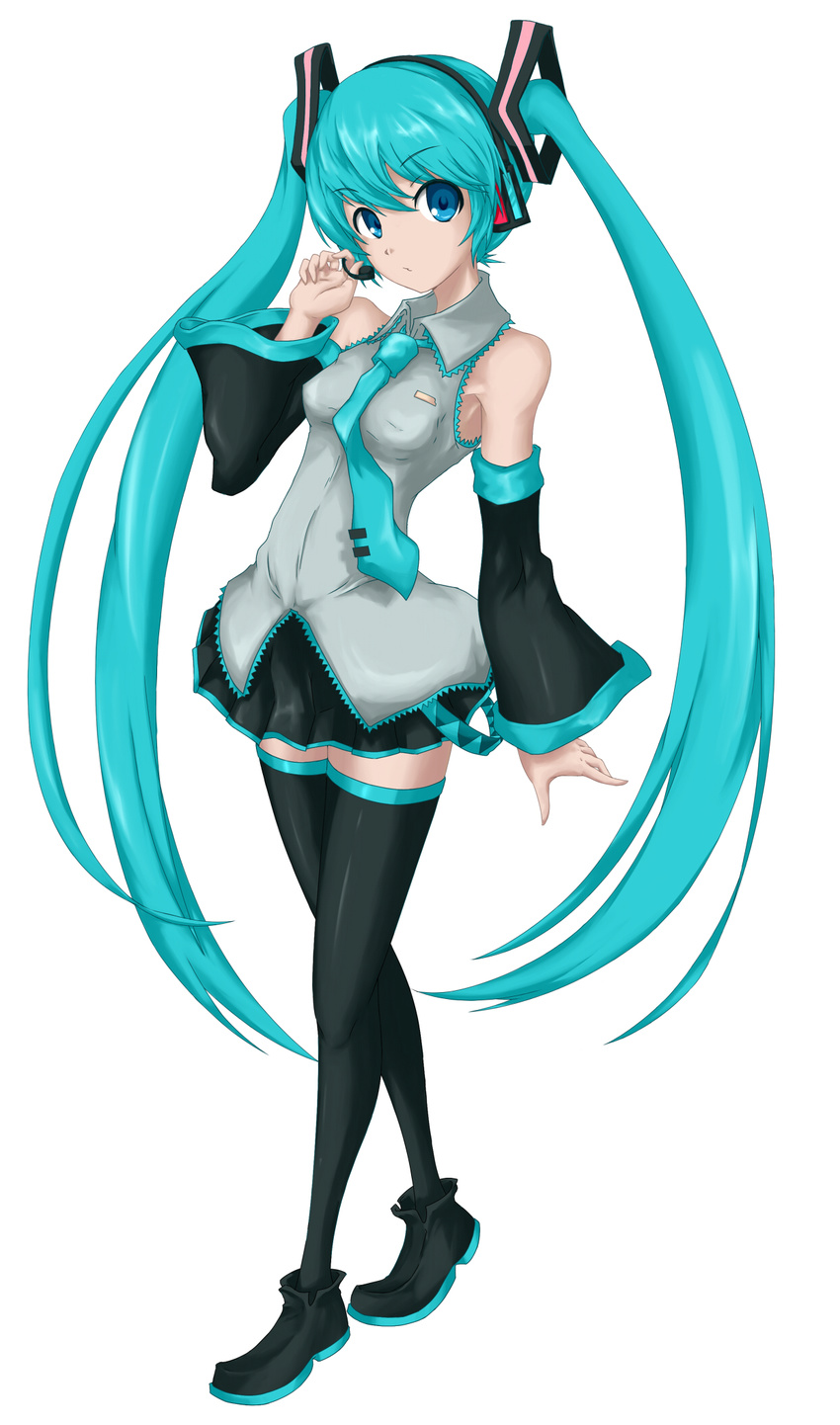 blue_eyes detached_sleeves hatsune_miku highres long_hair looking_at_viewer necktie solo thighhighs twintails very_long_hair vocaloid white_background yuta1147 zettai_ryouiki