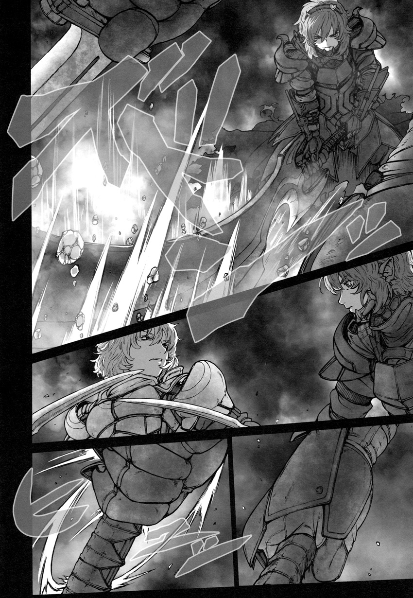 armor battle breastplate comic doujinshi dual_persona dual_wielding gauntlets greyscale ground_shatter hairband highres holding imizu_(nitro_unknown) komeiji_satori monochrome multiple_girls non-web_source plate_armor pointy_ears scan shockwave short_hair sword touhou weapon