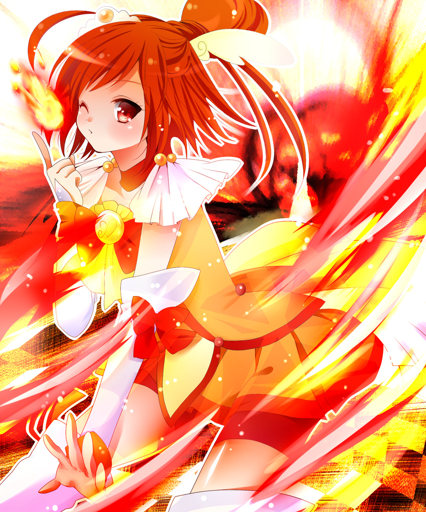 ;o bad_id bad_pixiv_id bike_shorts boots choker cure_sunny dress fire highres hino_akane_(smile_precure!) horon5151 magical_girl one_eye_closed orange_(color) orange_choker orange_eyes orange_hair orange_skirt precure red_shorts short_hair shorts shorts_under_skirt skirt smile_precure! solo thigh_boots thighhighs tiara white_legwear