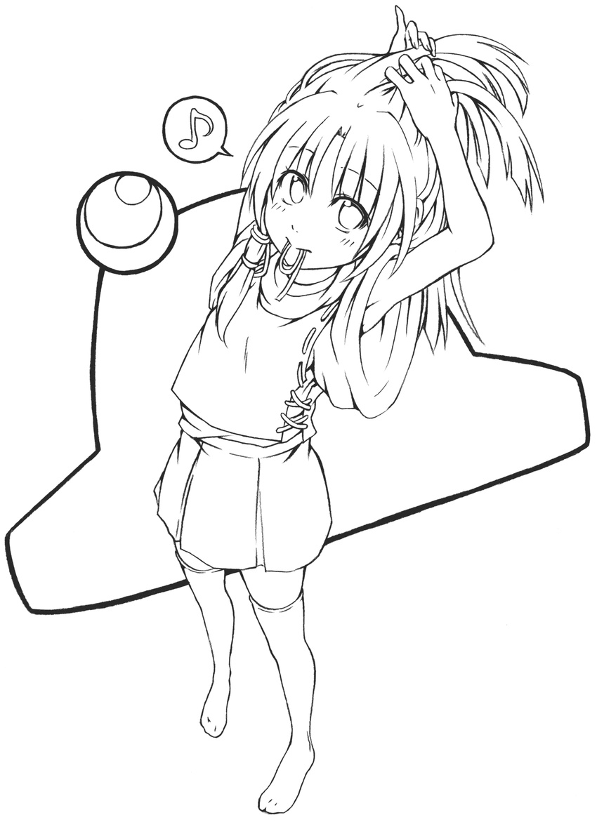 adjusting_hair armpit_peek armpits arms_up eighth_note greyscale highres lineart looking_at_viewer monochrome moriya_suwako mouth_hold musical_note nora_wanko solo spoken_musical_note touhou